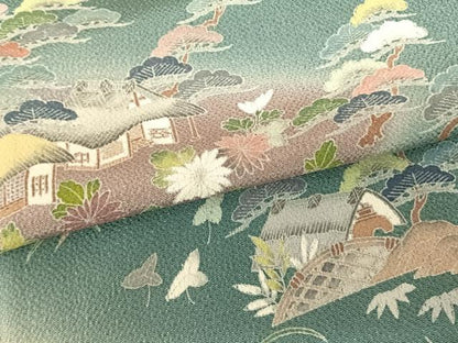 平和屋着物●訪問着　友禅　作家物　風景花文　暈し染め　鬼しぼ縮緬　正絹　逸品　AABE5830fy