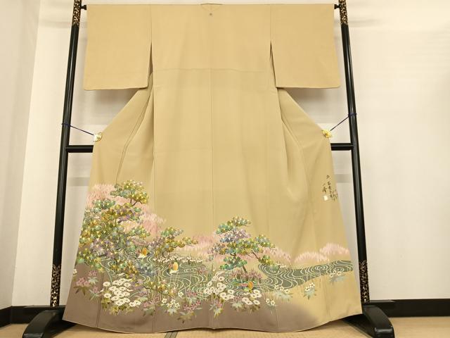 平和屋着物●訪問着　友禅　作家物　一峰　花鳥文　正絹　逸品　AABE5840fy
