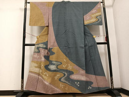 平和屋着物●訪問着 紬地 絞り 流水文 正絹 逸品 AABE5874ph
