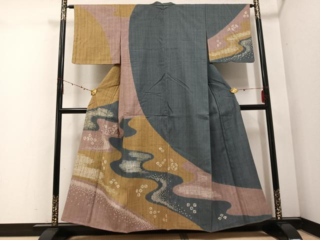 平和屋着物●訪問着 紬地 絞り 流水文 正絹 逸品 AABE5874ph