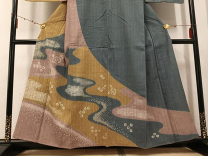 平和屋着物●訪問着 紬地 絞り 流水文 正絹 逸品 AABE5874ph