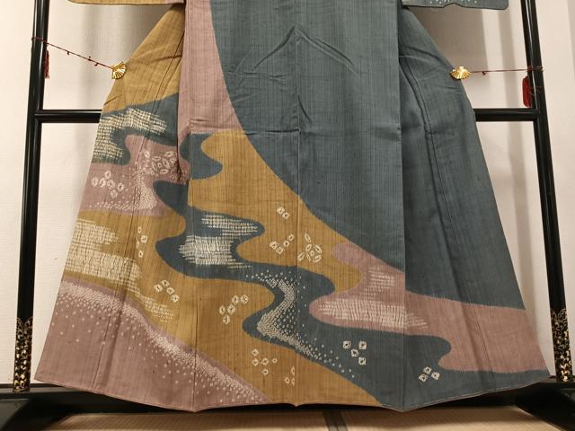 平和屋着物●訪問着 紬地 絞り 流水文 正絹 逸品 AABE5874ph