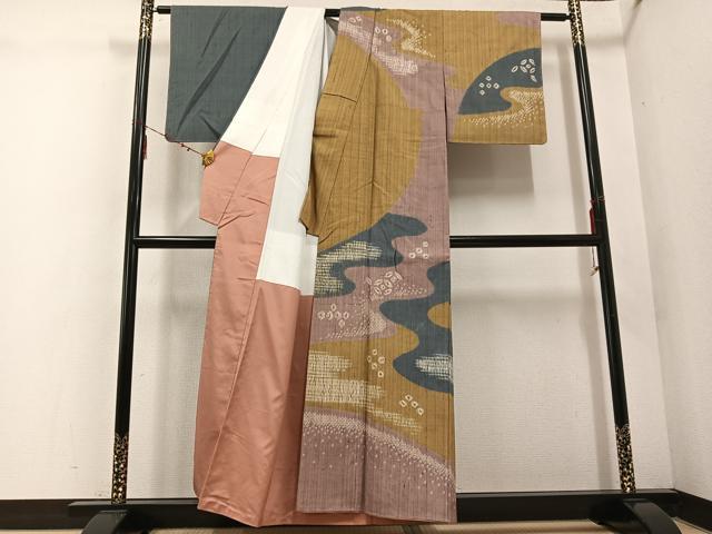 平和屋着物●訪問着 紬地 絞り 流水文 正絹 逸品 AABE5874ph