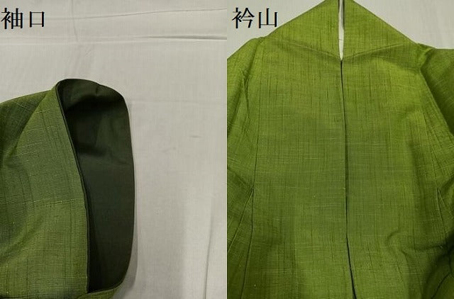 平和屋着物●上質な紬　色無地　青朽葉色　ロング丈　正絹　逸品　AABE5894ph
