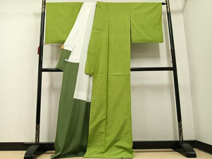 平和屋着物●上質な紬　色無地　青朽葉色　ロング丈　正絹　逸品　AABE5894ph