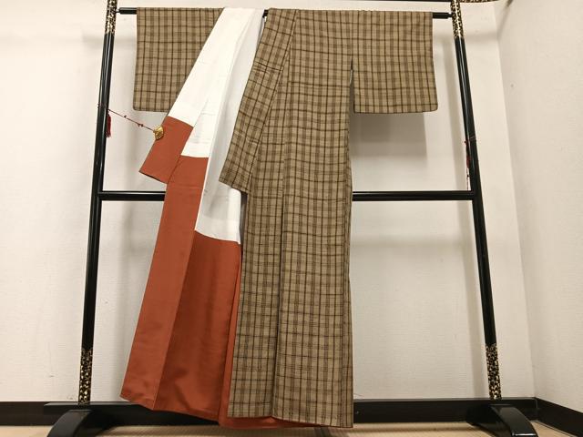 平和屋着物○上質な紬 格子 正絹 逸品 AABE5911ph