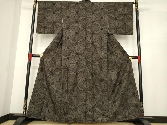 平和屋着物●上質な紬　麻の葉文様　正絹　逸品　AABE5928ck