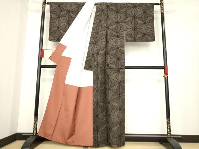 平和屋着物●上質な紬　麻の葉文様　正絹　逸品　AABE5928ck