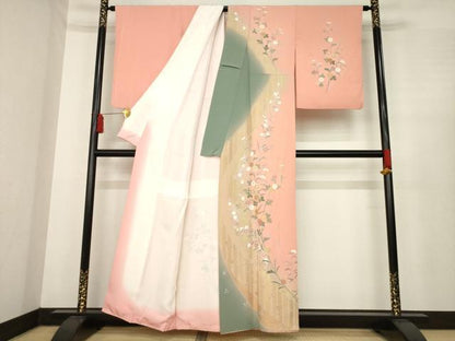 平和屋着物●訪問着 友禅 草花文 暈し染め 金彩 正絹 逸品 AABE5939ck