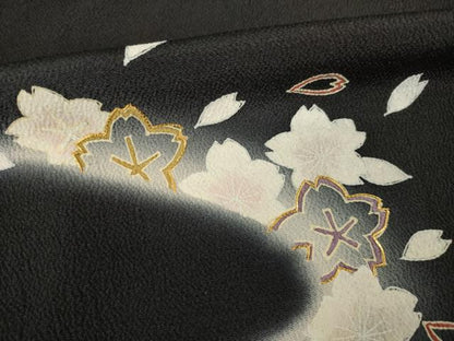 平和屋着物●訪問着　駒刺繍　流水花文　暈し染め　黒地　鬼しぼ縮緬　正絹　逸品　AABE5980ck