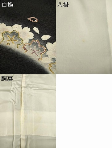 平和屋着物●訪問着　駒刺繍　流水花文　暈し染め　黒地　鬼しぼ縮緬　正絹　逸品　AABE5980ck