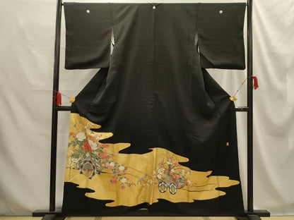 平和屋着物■豪華黒留袖　刺繍　花車文　金彩　正絹　逸品　AABE6100sx
