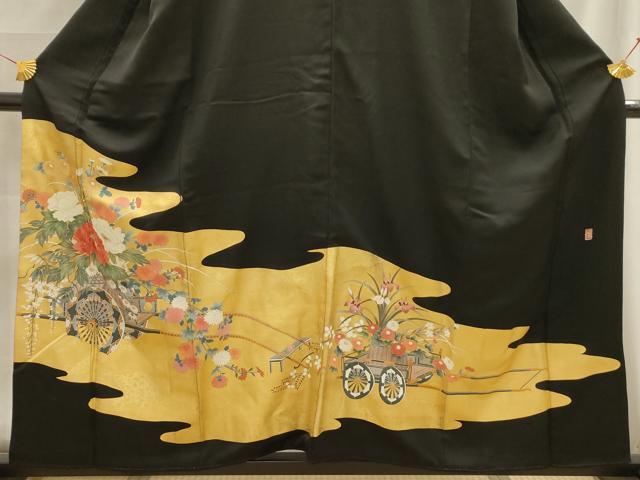 平和屋着物■豪華黒留袖　刺繍　花車文　金彩　正絹　逸品　AABE6100sx