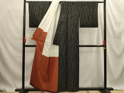 平和屋着物■上質な紬　よろけ縞　黒地　正絹　逸品　AABE6230sx