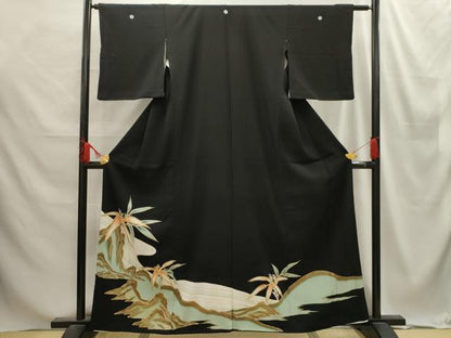 平和屋着物■黒留袖　刺繍　流水笹葉文　金糸　金彩　AABE6285sx