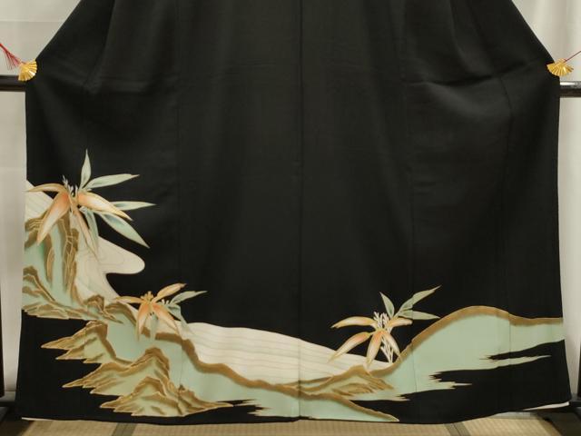 平和屋着物■黒留袖　刺繍　流水笹葉文　金糸　金彩　AABE6285sx