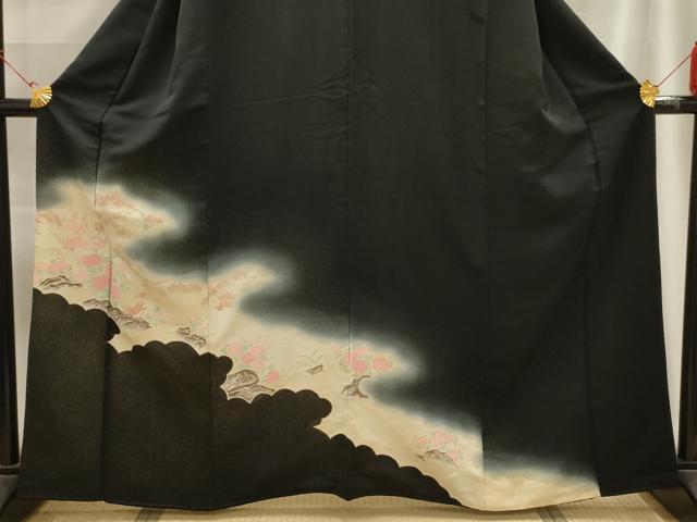 平和屋着物■豪華黒留袖　花鳥風景文　寿光織　暈し染め　正絹　逸品　AABE6447sx