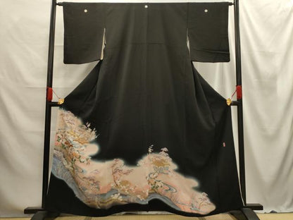平和屋着物■豪華黒留袖 駒刺繍 風景文 萬寿染 暈し染め 金彩 正絹 逸品 AABE6448sx