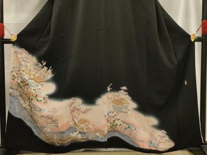 平和屋着物■豪華黒留袖 駒刺繍 風景文 萬寿染 暈し染め 金彩 正絹 逸品 AABE6448sx