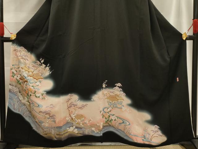 平和屋着物■豪華黒留袖 駒刺繍 風景文 萬寿染 暈し染め 金彩 正絹 逸品 AABE6448sx