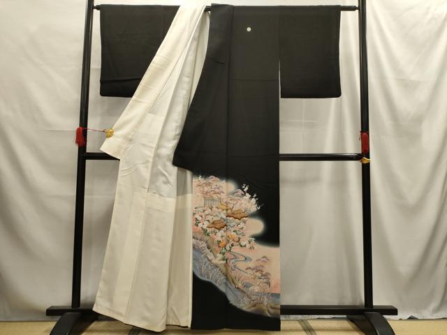 平和屋着物■豪華黒留袖 駒刺繍 風景文 萬寿染 暈し染め 金彩 正絹 逸品 AABE6448sx