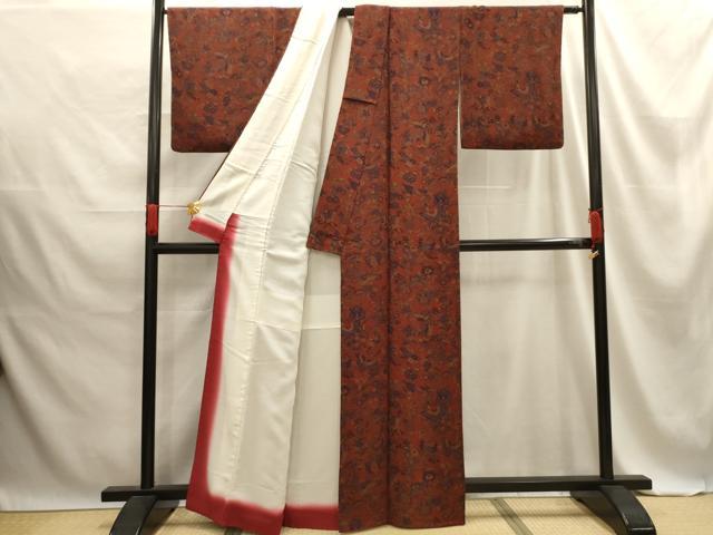 平和屋着物■上質な小紋 更紗花蝶文 鬼しぼ縮緬 正絹 逸品 AABE6562sx