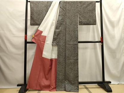 平和屋着物■上質な紬　花唐草文　黒地　正絹　逸品　AABE6569sx