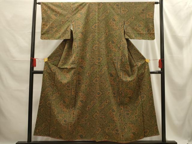平和屋着物■上質な小紋　紬地　更紗花鳥文　正絹　逸品　AABE6600sx