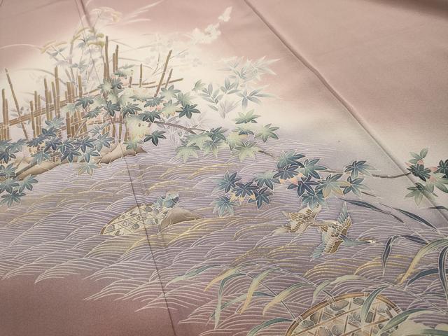 平和屋着物■訪問着　流水飛鳥枝葉文　暈し染め　金彩　正絹　逸品　AABE6653sx