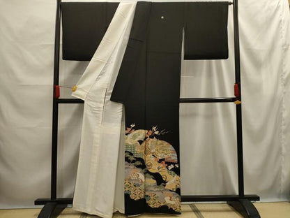 平和屋着物■豪華黒留袖　道長飛鶴御所車花文　金彩　正絹　逸品　AABE6657sx