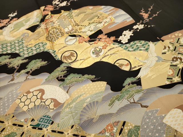 平和屋着物■豪華黒留袖　道長飛鶴御所車花文　金彩　正絹　逸品　AABE6657sx