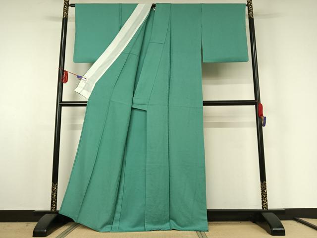 平和屋着物▽上質な色無地 単衣 草花地紋 青竹色 正絹 逸品 AABE6681jh