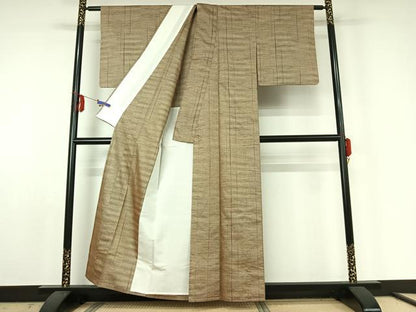 平和屋着物▽上質な紬 単衣 縞 正絹 逸品 AABE6684jh