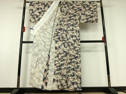 平和屋着物▽森英恵・HANAE MORI 小紋 単衣 雪持ち笹竹文 反端付き 正絹 逸品 AABE6690jh
