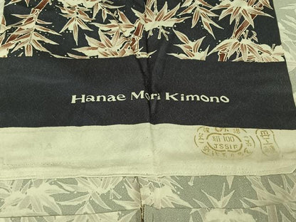 平和屋着物▽森英恵・HANAE MORI 小紋 単衣 雪持ち笹竹文 反端付き 正絹 逸品 AABE6690jh