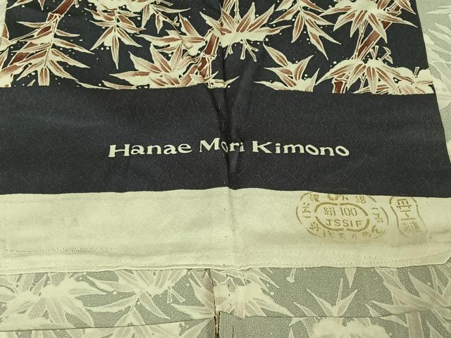 平和屋着物▽森英恵・HANAE MORI 小紋 単衣 雪持ち笹竹文 反端付き 正絹 逸品 AABE6690jh