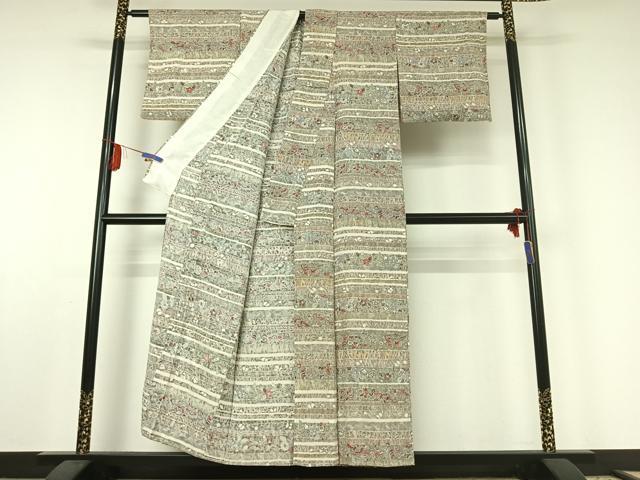 平和屋着物▽上質な小紋 単衣 横段花鳥文 銀通し地 正絹 逸品 AABE6692jh