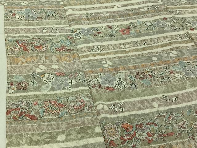 平和屋着物▽上質な小紋 単衣 横段花鳥文 銀通し地 正絹 逸品 AABE6692jh