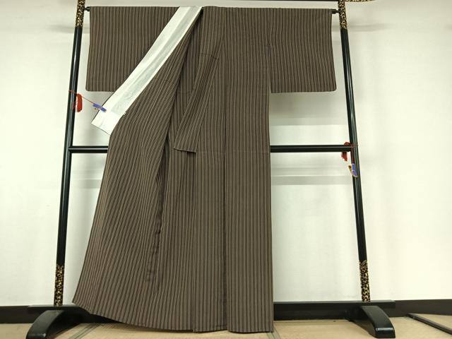 平和屋着物▽お召 単衣 縞 正絹 逸品 AABE6703jh
