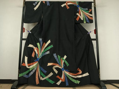 平和屋着物▽訪問着 単衣 束ね熨斗文 黒地 金彩 洗える着物 AABE6708jh