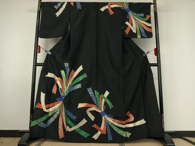 平和屋着物▽訪問着 単衣 束ね熨斗文 黒地 金彩 洗える着物 AABE6708jh