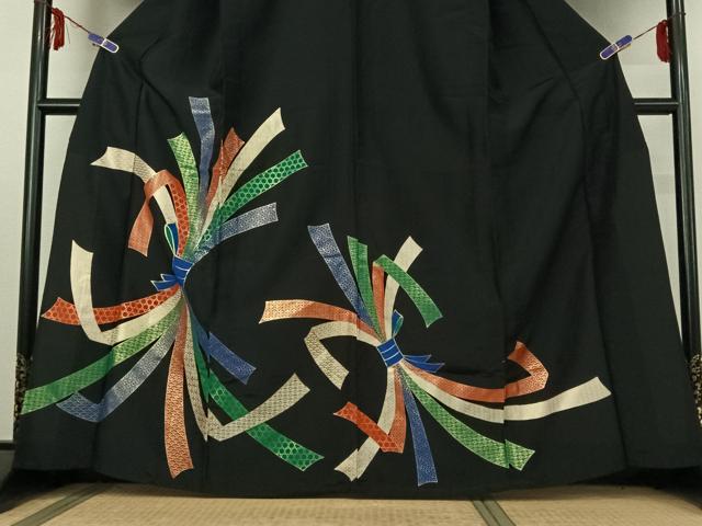 平和屋着物▽訪問着 単衣 束ね熨斗文 黒地 金彩 洗える着物 AABE6708jh
