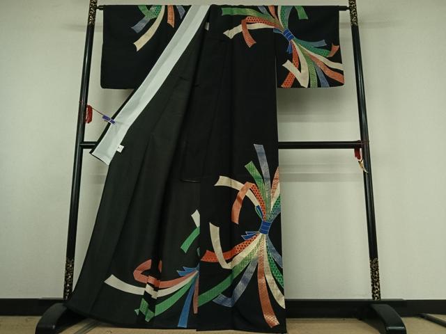 平和屋着物▽訪問着 単衣 束ね熨斗文 黒地 金彩 洗える着物 AABE6708jh