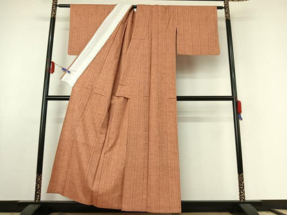 平和屋着物▽上質な紬 単衣 縞 正絹 逸品 AABE6716jh