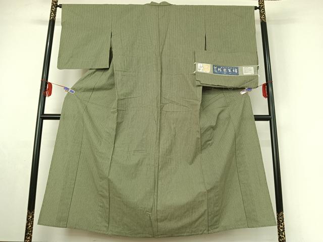 平和屋着物▽小千谷　紺仁　越後片貝木綿　単衣　縞　証紙付き　木綿　逸品　AABE6718jh