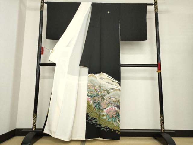 平和屋着物●本加賀友禅作家　村田幸司　黒留袖　遠山風景文　三越扱い　正絹　逸品　AABE6764ck 平和屋着物○本加賀友禅作家 村田幸司 黒留袖 遠山風景文 三越