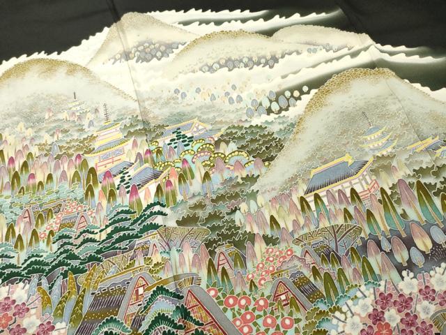 平和屋着物●本加賀友禅作家　村田幸司　黒留袖　遠山風景文　三越扱い　正絹　逸品　AABE6764ck 平和屋着物○本加賀友禅作家 村田幸司 黒留袖 遠山風景文 三越