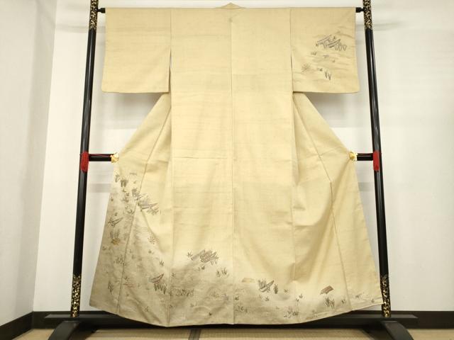 平和屋着物●紬　訪問着　総刺繍　渡し船　流水花籬文　正絹　逸品　AABE6801ck 平和屋着物○紬 訪問着 総刺繍 渡し船 流水花籬文 正絹 逸品