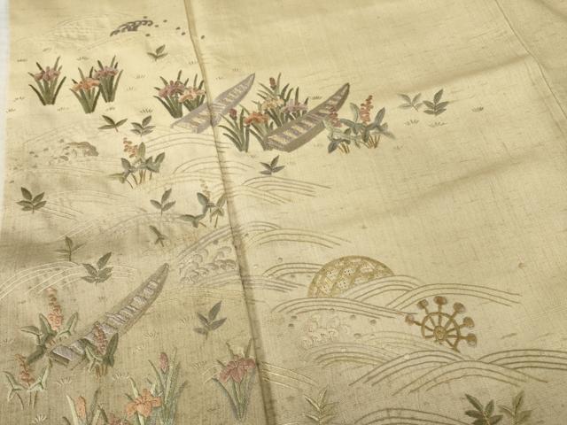 平和屋着物○紬 訪問着 総刺繍 渡し船 流水花籬文 正絹 逸品