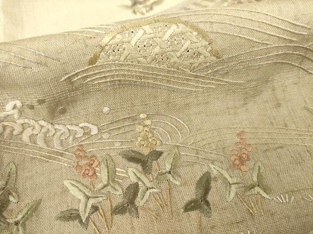 平和屋着物●紬　訪問着　総刺繍　渡し船　流水花籬文　正絹　逸品　AABE6801ck 平和屋着物○紬 訪問着 総刺繍 渡し船 流水花籬文 正絹 逸品